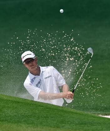 April 9, 2015 - Augusta, GA, USA - John Senden hits from the bunker on 2 during the first round at the Masters Golf Tournament, Thursday, April 9, 2015 in Augusta, Ga. Masters golf - ZUMAm67_