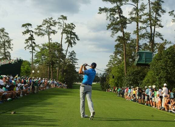 April 9, 2015 - Augusta, GA, USA - Jordan Spieth tees off on the 18th hole during the first round at the Masters Golf Tournament, Thursday, April 9, 2015 in Augusta, Ga. Masters, first round - ZUMAm67_