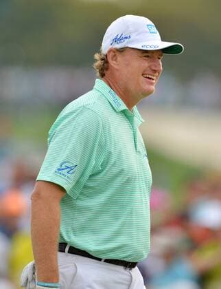 Ernie Els from South Africa reacts after making a putt for birdie on the 2nd hole in the second round of the 2015 Masters Tournament at Augusta National Golf Club in Augusta, Georgia on April 10, 2015.  AUG20150410122 KEVINxDIETSCH