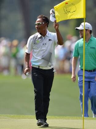 Thongchai Jaidee from Thailand reacts after making an eagle on the 3rd hole in the second round of the 2015 Masters Tournament at Augusta National Golf Club in Augusta, Georgia on April 10, 2015.  AUG20150410101 KEVINxDIETSCH