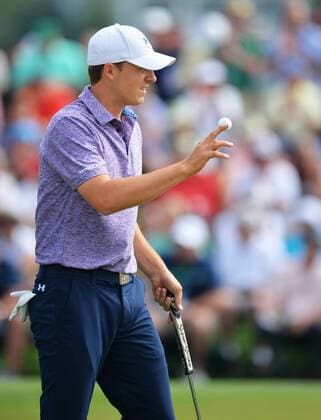 Jordan Spieth reacts after making a putt for birdie on the 2nd hole in the second round of the 2015 Masters Tournament at Augusta National Golf Club in Augusta, Georgia on April 10, 2015.  AUG20150410110 KEVINxDIETSCH