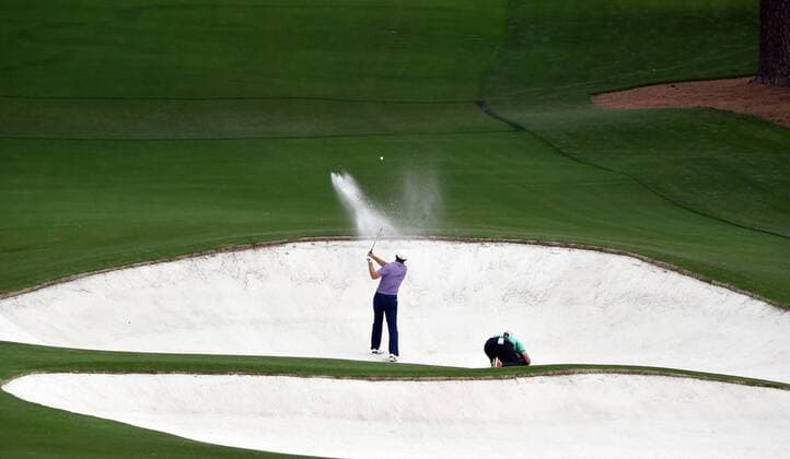 April 10, 2015 - Augusta, GA, USA - Jordan Spieth hits from a bunker on the 8th hole during the second round of the Masters at Augusta National Golf Club on Friday, April 10, 2015, in Augusta, Ga. Masters day 2 - ZUMAm67_