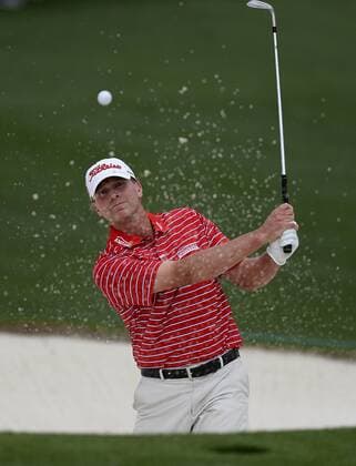 April 10, 2015 - Augusta, GA, USA - Steve Stricker chips his ball out of a bunker along the 18th green during the second round of the Masters at Augusta National Golf Club on Friday, April 10, 2015, in Augusta, Ga. Masters day 2 - ZUMAm67_