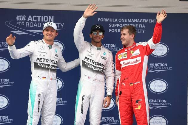 Motorsports: FIA Formula One World Championship WM Weltmeisterschaft 2015, Grand Prix of China, 6 Nico Rosberg (GER, Mercedes AMG Petronas Formula One Team), 44 Lewis Hamilton (GBR, Mercedes AMG Petronas Formula One Team), 5 Sebastian Vettel (GER, Scuderia Ferrari), xHOCHxZWEIx