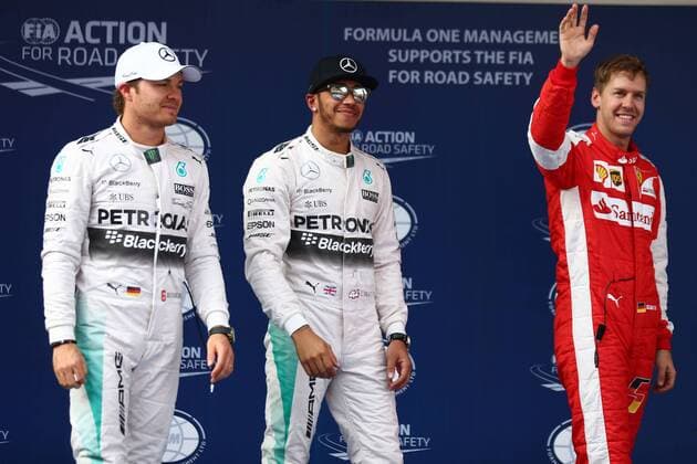 11.04.2015 - Qualifying, 2nd position Nico Rosberg (GER) Mercedes AMG F1 W06, Lewis Hamilton (GBR) Mercedes AMG F1 W06 pole position and 3rd position Sebastian Vettel (GER) Scuderia Ferrari SF15-T Chinese Grand Prix, Shanghai 09 - 12 April 2015 