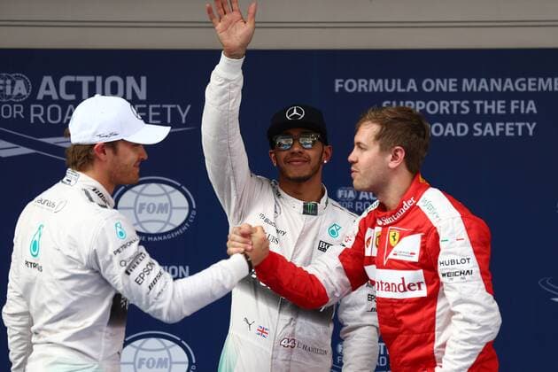 11.04.2015 - Qualifying, 2nd position Nico Rosberg (GER) Mercedes AMG F1 W06, Lewis Hamilton (GBR) Mercedes AMG F1 W06 pole position and 3rd position Sebastian Vettel (GER) Scuderia Ferrari SF15-T Chinese Grand Prix, Shanghai 09 - 12 April 2015 