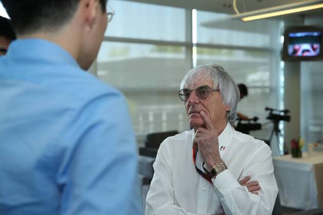 Bernie Ecclestone, chief executive of the Formula One Group, listens to a question at an interview during the 2015 Formula 1 Chinese Grand Prix in Shanghai, China, 11 April 2015. Bernie Ecclestone interviewed during 2015 Formula 1 Chinese Grand Prix  20150411_07171