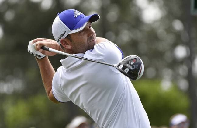 Sergio Garcia of Spain tees off on the first hole tee box in the third round of the 2015 Masters Tournament at Augusta National Golf Club in Augusta, Georgia on April 11, 2015.  AUG20150411101 KEVINxDIETSCH