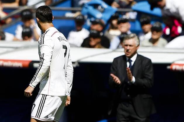 11.04.2015. Madrid, Spain. La Liga football league. Real Madrid versus SD Eibar. 7 Cristiano Ronaldo dos Santos Forward of Real Madrid celebrates the goal for 1-0 after scoring his team& xb4;s goal at Santiago Bernabeu stadium. Carlo Ancelotti Coach of Real Madrid xEnriquexdexlaxFuentex  ActionPlus11612494