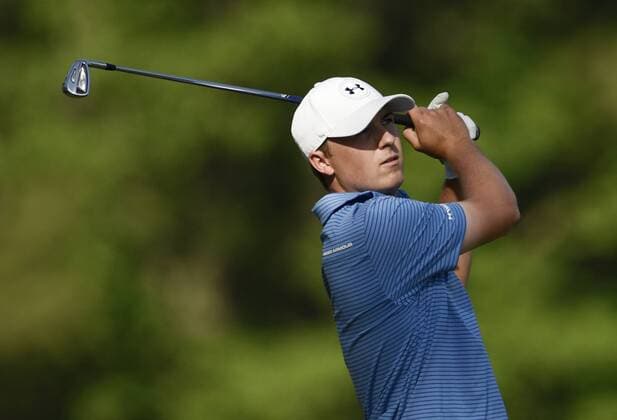 Jordan Spieth hits his tee shot on the 12th hole tee box in the third round of the 2015 Masters Tournament at Augusta National Golf Club in Augusta, Georgia on April 11, 2015.  AUG20150411147 KEVINxDIETSCH