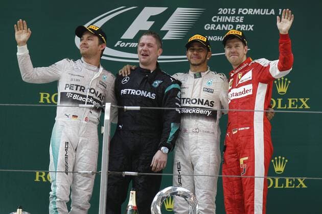 Motorsports: FIA Formula One World Championship WM Weltmeisterschaft 2015, Grand Prix of China, 6 Nico Rosberg (GER, Mercedes AMG Petronas Formula One Team), 44 Lewis Hamilton (GBR, Mercedes AMG Petronas Formula One Team), 5 Sebastian Vettel (GER, Scuderia Ferrari), xHOCHxZWEIx