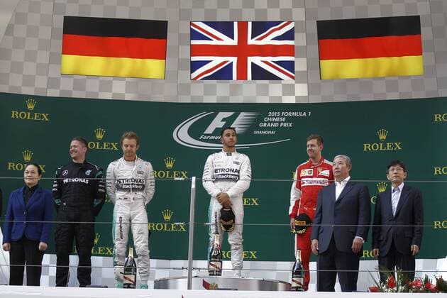 Motorsports: FIA Formula One World Championship WM Weltmeisterschaft 2015, Grand Prix of China, 6 Nico Rosberg (GER, Mercedes AMG Petronas Formula One Team), 44 Lewis Hamilton (GBR, Mercedes AMG Petronas Formula One Team), 5 Sebastian Vettel (GER, Scuderia Ferrari), xHOCHxZWEIx