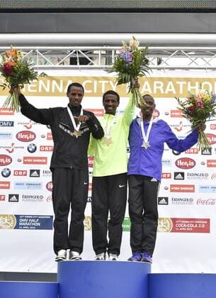 ATHLETICS - VCM 2015 VIENNA,AUSTRIA,12.APR.15 - ATHLETICS, RUNNING - Vienna City Marathon. Image shows Siraj Gena, Sisay Lemma (ETH) and Duncan Koech (KEN). GEPAxpictures xM.xHoermandinger 
