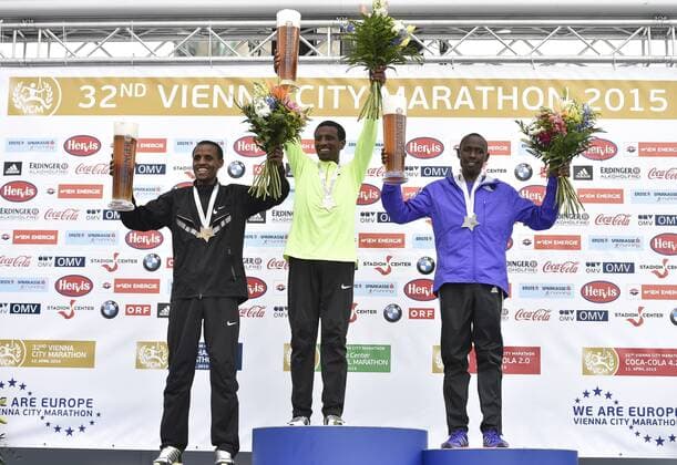 ATHLETICS - VCM 2015 VIENNA,AUSTRIA,12.APR.15 - ATHLETICS, RUNNING - Vienna City Marathon. Image shows Siraj Gena, Sisay Lemma (ETH) and Duncan Koech (KEN). GEPAxpictures xM.xHoermandinger 