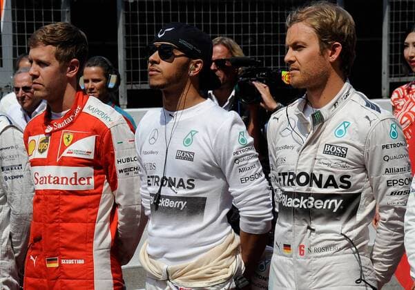 Sebastian Vettel, Scuderia Ferrari, Lewis Hamilton; Nico Rosberg; Mercedes Grand Prix, formula 1 GP, China in Shanghai, 12.04.2015 Photo:mspb Lukas Gorys Sebastian Vettel, Lewis Hamilton; Nico Rosberg; formula 1 GP, China