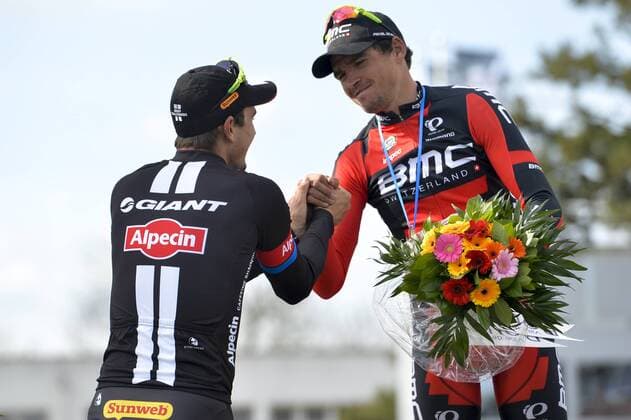 - ROUBAIX, FRANCE: German John Degenkolb of Team Giant-Alpecin and Belgian Greg Van Avermaet of BMC Racing Team pictured after the Paris-Roubaix one day cycling race, 253,5 km from Compiegne to the Velodrome in Roubaix, Sunday 12 April 2015. DIRKxWAEM  x04603189x