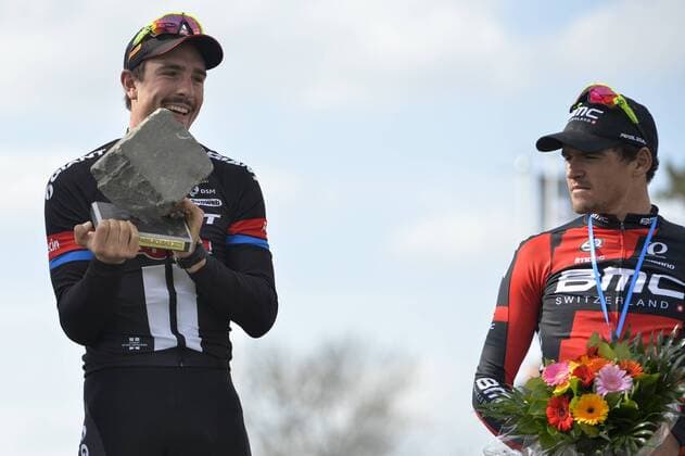 - ROUBAIX, FRANCE: German John Degenkolb of Team Giant-Alpecin and Belgian Greg Van Avermaet of BMC Racing Team pictured after the Paris-Roubaix one day cycling race, 253,5 km from Compiegne to the Velodrome in Roubaix, Sunday 12 April 2015. DIRKxWAEM  x04603191x