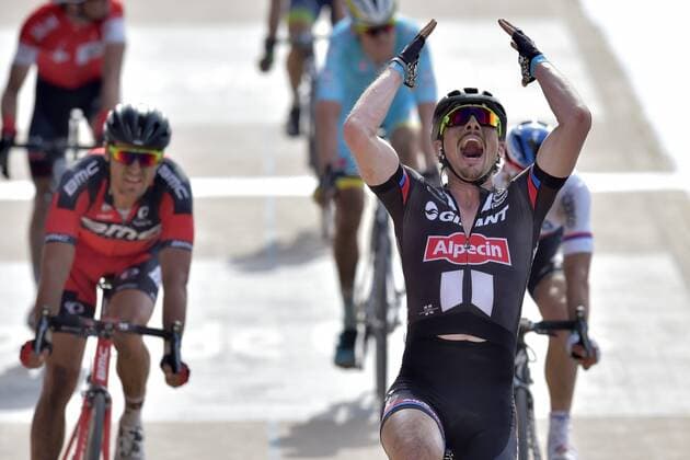 Degenkolb John of Giant - Alpecin wins before Stybar Zdenek of Etixx - Quick Step, Van Avermaet Greg of BMC Racing Team, Boom Lars of Astana, Elmiger Martin Schweiz of IAM Cycling and Keukeleire Jens of Orica Greenedge CYCLISME : Paris Roubaix - 12 04 2015 Photonews Panoramic 
