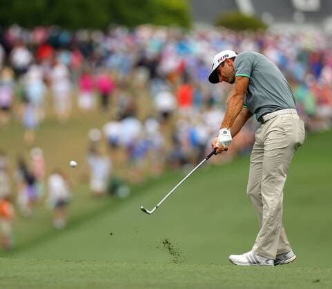 April 12, 2015 - Augusta, GA, USA - Dustin Johnson hits his second shot from the first fairway during the final round of the Masters on Sunday, April 12, 2015, at Augusta National Golf Club in Augusta, Ga. Masters final round - ZUMAm67_