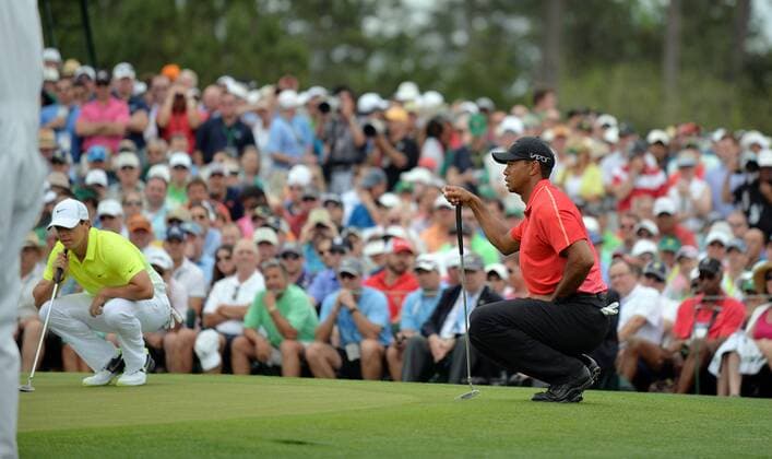 April 12, 2015 - Augusta, GA, USA - Tiger Woods lines up his putt on No. 2 during the final round of the Masters on Sunday, April 12, 2015, at Augusta National Golf Club in Augusta, Ga. Masters final round - ZUMAm67_