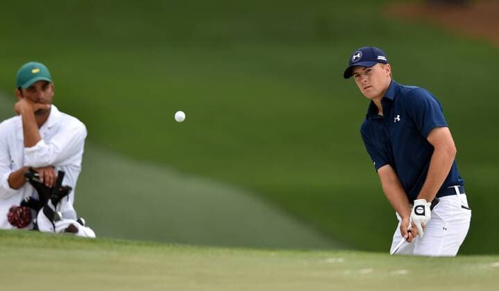 April 12, 2015 - Augusta, GA, USA - Jordan Spieth chips onto the seventh green during the final round of the Masters on Sunday, April 12, 2015, at Augusta National Golf Club in Augusta, Ga. Masters final round - ZUMAm67_