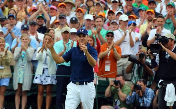 April 12, 2015 - Augusta, GA, USA - Jordan Spieth reacts on the 18th green as he wins the 79th Masters Golf Tournament at 270, tying Tiger Woods 1997 win, on Sunday, April 12, 2015, at Augusta National Golf Club in Augusta, Ga. Masters final round - ZUMAm67_