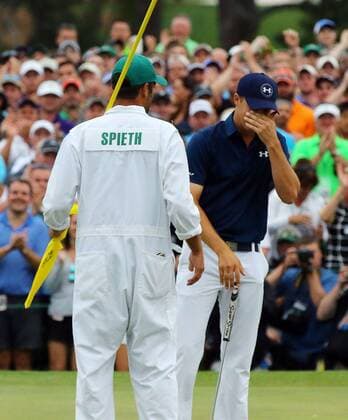 April 12, 2015 - Augusta, GA, USA - Jordan Spieth reacts on the 18th green after winning the 79th Masters Golf Tournament at 270, tying Tiger Woods 1997 win, on Sunday, April 12, 2015, at Augusta National Golf Club in Augusta, Ga. Masters final round - ZUMAm67_