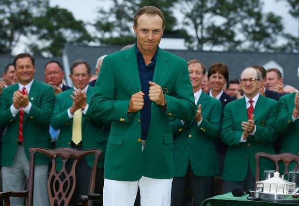 April 12, 2015 - Augusta, GA, USA - Jordan Spieth beams as he snugs up his green jacket after winning the Masters on Sunday, April 12, 2015, at Augusta National Golf Club in Augusta, Ga. Masters final round - ZUMAm67_