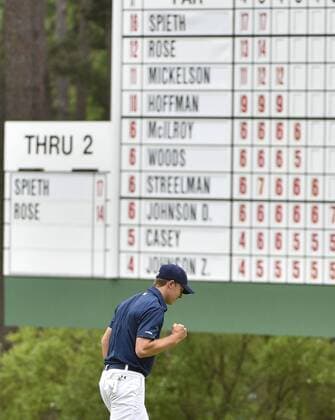 Jordan Spieth reacts after sinking a putt for birdie on the 3rd hole in the final round of the 2015 Masters Tournament at Augusta National Golf Club in Augusta, Georgia on April 12, 2015.  AUG20150412102 KEVINxDIETSCH