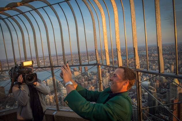 April 13, 2015 - Manhattan, New York, USA - 2015 Masters Champion JORDAN SPIETH visits the Empire State Building, Monday, April 13, 2015. 2015 Masters Champion Jordan Spieth Visits The Empire State Building - ZUMAb148
