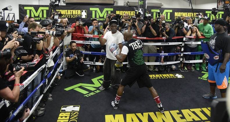 April 14,2015. Las Vegas NV. Floyd Mayweather Jr. trains for media day at his gym . Mayweather Media Day - ZUMAbl1_