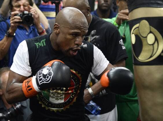 April 14,2015. Las Vegas NV. Floyd Mayweather Jr. trains for media day at his gym . Mayweather Media Day - ZUMAbl1_