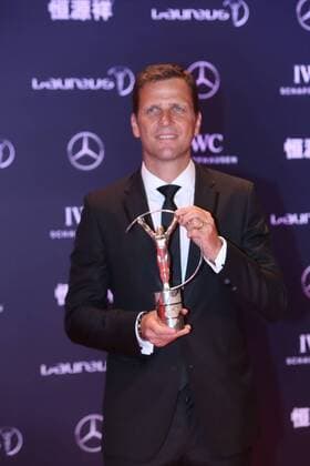 Retired German football star Oliver Bierhoff poses with the trophy after the award ceremony for the Laureus World Sports Awards Shanghai 2015 in Shanghai, China, 15 April 2015. Germany s World Cup-winning national squad won the team of the year prize at the Laureus Sports Awards on Wednesday (15 April 2015). Germany beat Argentina 1-0 in last year s final in Brazil to win its fourth World Cup title and first in 24 years. The German team was picked for the Laureus award over Mercedes Formula One-winning team, the NBA Basketball Herren USA champion San Antonio Spurs, the Davis Cup-winning Swiss team, the European Ryder Cup-winning team, and Real Madrid, winners of the Champions League title. The Laureus Awards were held for the first time in China and brought out many of the country s top sports stars, including a heavily pregnant tennis player Li Na, basketball player Yao Ming and former Olympic champion hurdler Liu Xiang. Germany s World Cup team wins Laureus team award  20150415_10837