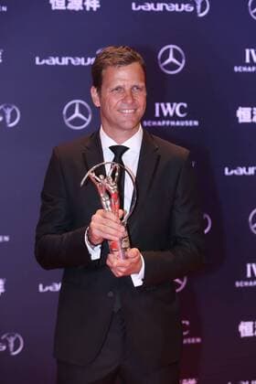 Retired German football star Oliver Bierhoff poses with the trophy after the award ceremony for the Laureus World Sports Awards Shanghai 2015 in Shanghai, China, 15 April 2015. Germany s World Cup-winning national squad won the team of the year prize at the Laureus Sports Awards on Wednesday (15 April 2015). Germany beat Argentina 1-0 in last year s final in Brazil to win its fourth World Cup title and first in 24 years. The German team was picked for the Laureus award over Mercedes Formula One-winning team, the NBA Basketball Herren USA champion San Antonio Spurs, the Davis Cup-winning Swiss team, the European Ryder Cup-winning team, and Real Madrid, winners of the Champions League title. The Laureus Awards were held for the first time in China and brought out many of the country s top sports stars, including a heavily pregnant tennis player Li Na, basketball player Yao Ming and former Olympic champion hurdler Liu Xiang. Germany s World Cup team wins Laureus team award  20150415_30635