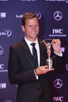 Retired German football star Oliver Bierhoff poses with the trophy after the award ceremony for the Laureus World Sports Awards Shanghai 2015 in Shanghai, China, 15 April 2015. Germany s World Cup-winning national squad won the team of the year prize at the Laureus Sports Awards on Wednesday (15 April 2015). Germany beat Argentina 1-0 in last year s final in Brazil to win its fourth World Cup title and first in 24 years. The German team was picked for the Laureus award over Mercedes Formula One-winning team, the NBA Basketball Herren USA champion San Antonio Spurs, the Davis Cup-winning Swiss team, the European Ryder Cup-winning team, and Real Madrid, winners of the Champions League title. The Laureus Awards were held for the first time in China and brought out many of the country s top sports stars, including a heavily pregnant tennis player Li Na, basketball player Yao Ming and former Olympic champion hurdler Liu Xiang. Germany s World Cup team wins Laureus team award  20150415_30637