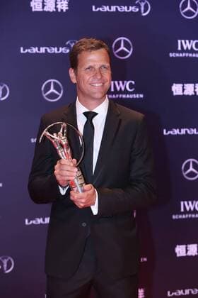 Retired German football star Oliver Bierhoff poses with the trophy after the award ceremony for the Laureus World Sports Awards Shanghai 2015 in Shanghai, China, 15 April 2015. Germany s World Cup-winning national squad won the team of the year prize at the Laureus Sports Awards on Wednesday (15 April 2015). Germany beat Argentina 1-0 in last year s final in Brazil to win its fourth World Cup title and first in 24 years. The German team was picked for the Laureus award over Mercedes Formula One-winning team, the NBA Basketball Herren USA champion San Antonio Spurs, the Davis Cup-winning Swiss team, the European Ryder Cup-winning team, and Real Madrid, winners of the Champions League title. The Laureus Awards were held for the first time in China and brought out many of the country s top sports stars, including a heavily pregnant tennis player Li Na, basketball player Yao Ming and former Olympic champion hurdler Liu Xiang. Germany s World Cup team wins Laureus team award  20150415_44905