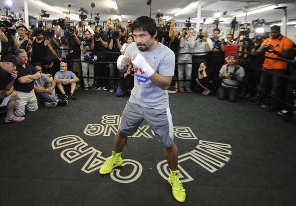 April 15,2015. Hollywood CA.USA. Manny Pacquiao trains with Freddie Roach media day at the wild card gym Wednesday. Manny Pacquiao gets ready for his big fight with Floyd Mayweather Jr. on May 2nd at the MGM Grand hotel in Las Vegas. Pacquiao Media Day - ZUMAbl1_