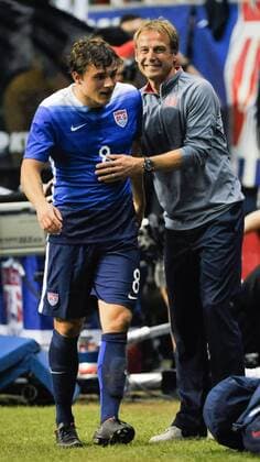 April 15, 2015 - San Antonio, TX, U.S - USA coach Jurgen Klinsmann celebrates with forward Jordan Morris after he was subbed out during a friendly match Wednesday April 15, 2015 at the Alamodome in San Antonio, Texas. The US Men s national team Nationalteam defeated Mexico, 2-0. News - April 15, 2015 - ZUMAbm2_