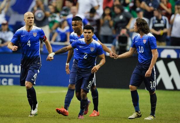 April 15, 2015 - San Antonio, TX, U.S - USA teammates Michael Bradley, 4, DeAndre Yedlin, 2, Juan Agudelo, 17, and Mix Diskerud, 10, celebrate Audelo s goal during a friendly match Wednesday April 15, 2015 at the Alamodome in San Antonio, Texas. The US Men s national team Nationalteam defeated Mexico, 2-0. News - April 15, 2015 - ZUMAbm2_