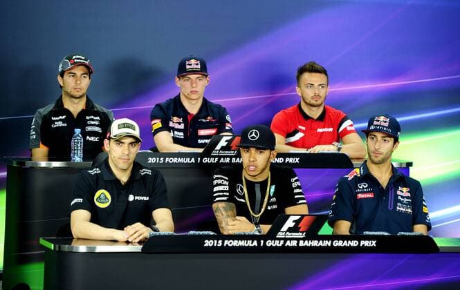 (150416) -- MANAMA, April 16, 2015 -- (From front L to R) Lotus F1 Team s Venezuelan driver Pastor Maldonado, Mercedes AMG Petronas F1 Team s British driver Lewis Hamilton, Infinti Red Bull Team Australian driver Daniel Ricciardo and (From back L to R) Sahara Force India F1 Team s Mexican driver Sergio Perez, Scuderia Toro Rosso s Dutch driver Max Verstappen and Manor Marussia F1 Team s British driver Will Stevens attend a press conference PK Pressekonferenz in Manama, Bahrain, April 16, 2015. ) (SP)BAHRAIN-MANAMA-F1-NEW CONFERENCE ChenxShaojin 