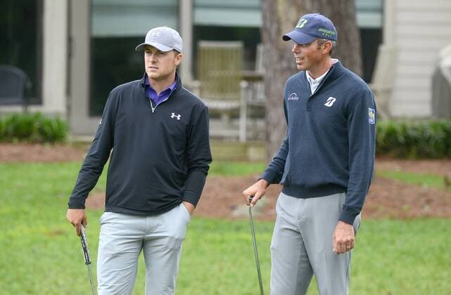 April 16, 2015 - Hilton Head Island, SC, USA - Jordan Spieth, left, and Matt Kuchar watch as Patrick Reed hits his ball on the 10th fairway during the first round of the RBC Heritage Presented by Boeing on Thursday, April 16, 2015, at Harbour Town Golf Links in Sea Pines on Hilton Head Island, S.C. RBC Heritage Presented by Boeing - ZUMAm67_