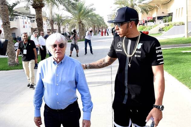 Bernie Ecclestone, FOM, Lewis Hamilton; Mercedes Grand Prix, formula 1 GP, Bahrain in Manama Shakir 17.04.2015 Photo:mspb Jerry Andre Bernie Ecclestone, Lewis Hamilton; formula 1 GP, Bahrain,