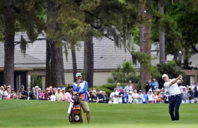 April 17, 2015 - Hilton Head, SC, USA - Jordan Spieth hits his approach to the 9th green during the second round of the RBC Heritage Presented by Boeing at Harbour Town Golf Links in Sea Pines on Hilton Head Island, S.C., on Friday, April 17, 2015. RBC Heritage, second round - ZUMAm67_