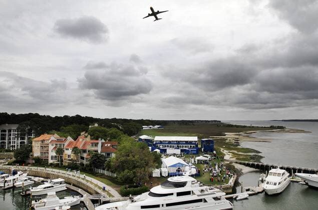 April 17, 2015 - Hilton Head, SC, USA - The Boeing 787 Dreamliner Flies over the 18th hole during the second round of the RBC Heritage Presented by Boeing at Harbour Town Golf Links in Sea Pines on Hilton Head Island, S.C., on Friday, April 17, 2015. RBC Heritage, second round - ZUMAm67_