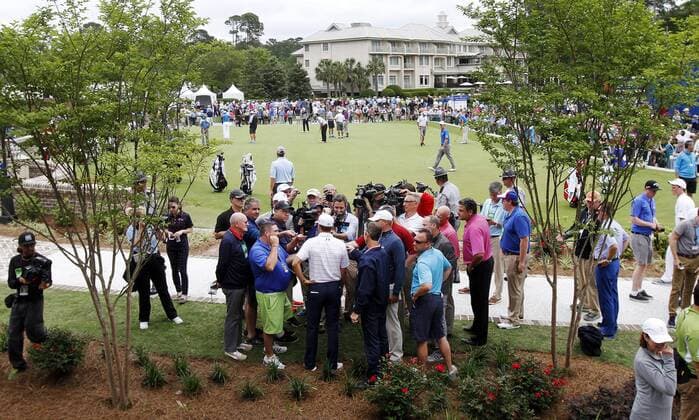 April 17, 2015 - Hilton Head, SC, USA - Jordan Spieth, who shot a 9-under 62, talks with the media after finishing the second round of the RBC Heritage Presented by Boeing at Harbour Town Golf Links in Sea Pines on Hilton Head Island, S.C., on Friday, April 17, 2015. RBC Heritage, second round - ZUMAm67_