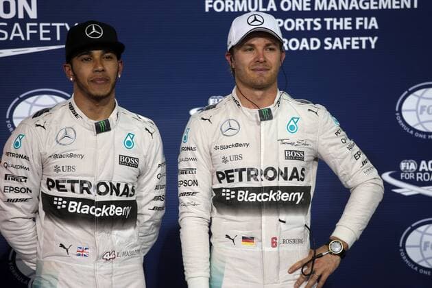 18.04.2015 - Qualifying, Lewis Hamilton (GBR) Mercedes AMG F1 W06 pole position and 3rd position Nico Rosberg (GER) Mercedes AMG F1 W06 Bahrain Grand Prix, Sakhir 16 - 19 April 2015 