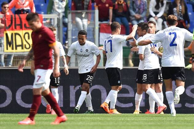 Esultanza German Denis Atalanta (2R) dopo il gol Goal celebration Roma 19-04-2015 Stadio Olimpico, Football Calcio Campionato Italiano Serie A AS Roma - FC Atalanta Bergamo Foto AndreaxStaccioli Insidefoto andreaxstaccioli