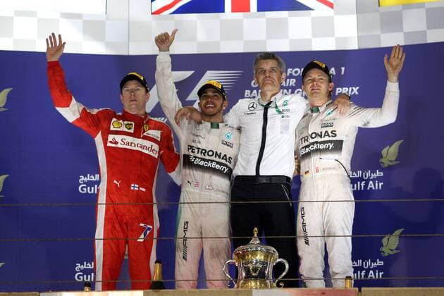 19.04.2015 - Race, 1st position Lewis Hamilton (GBR) Mercedes AMG F1 W06, 2nd position Kimi Raikkonen (FIN) Scuderia Ferrari SF15-T and 3rd position Nico Rosberg (GER) Mercedes AMG F1 W06 Bahrain Grand Prix, Sakhir 16 - 19 April 2015 