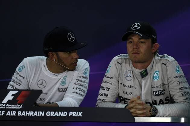 19.04.2015 - Race, press conference PK Pressekonferenz Lewis Hamilton (GBR) Mercedes AMG F1 W06 and Nico Rosberg (GER) Mercedes AMG F1 W06 Bahrain Grand Prix, Sakhir 16 - 19 April 2015 