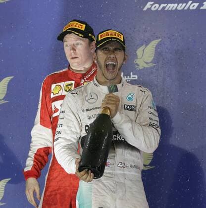April 19, 2015 - Sakhir, Bahrain - Race winner Lewis Hamilton celebrates with second place RAIKKONEN kimi (fin) ferrari, during 2015 Formula 1 FIA World Championship WM Weltmeisterschaft Bahrain Grand Prix, at Sakhir from April 16 to 19th Formula One Grand Prix at Bahrain  - ZUMAn230